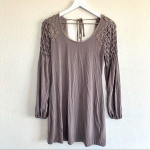 Free People Mauve Smocked Long Sleeve Lace Mini Dress Tunic Top
